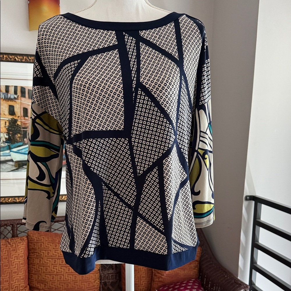 Chico's Navy & Cream Geometric Print Boatneck Top with Multicolor Sleeve Accents